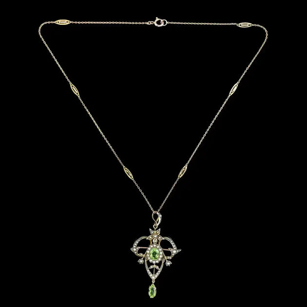 Pendentif Vintage En Or 15K Avec Péridot Et Perles Orientales - Style Ruban, Fabrication Angleterre Vers 1910, Occasion