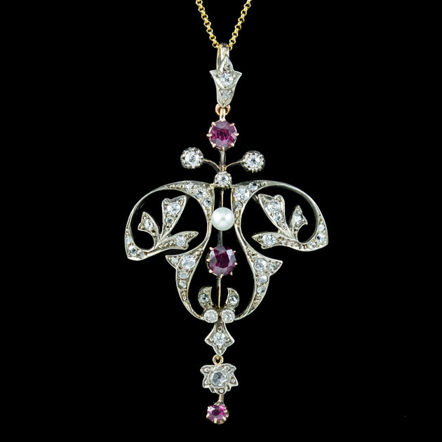 Antique Victorian Ruby Diamond Pearl Pendant Necklace 090ct Ruby Laurelle Antique Jewellery 7146