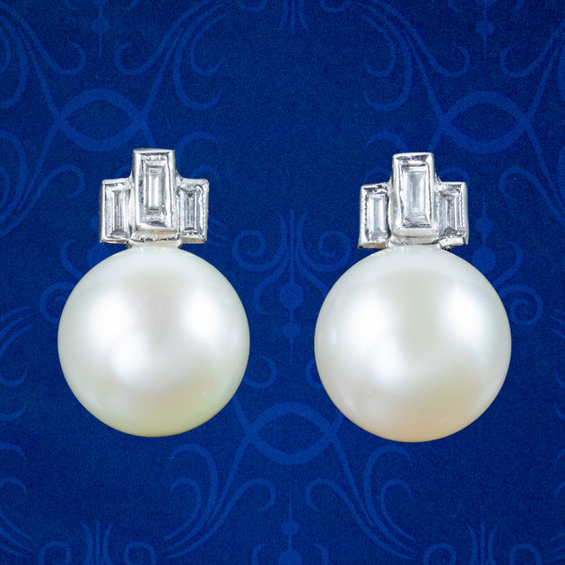 Art Deco Style Pearl Diamond Stud Earrings 18ct Gold Laurelle Antique