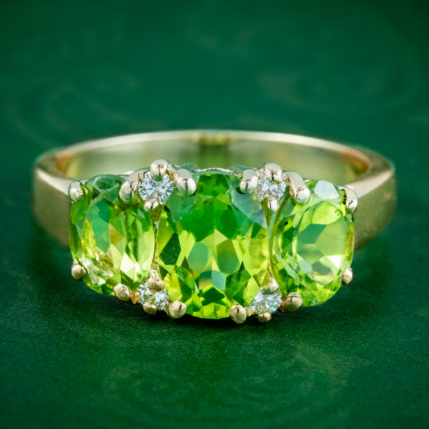 Victorian Style Peridot Diamond Trilogy Ring 9ct Gold