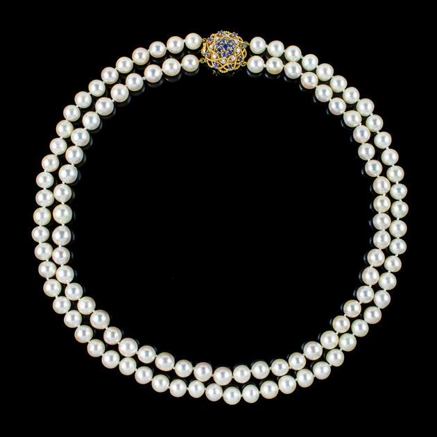 Vintage Double Strand Pearl Necklace Sapphire Diamond Clasp 