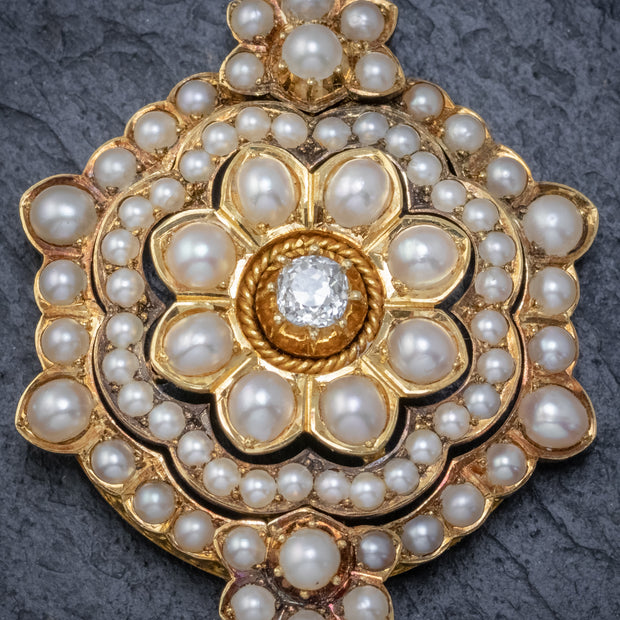 Antique Victorian Pearl Diamond Flower Pendant close