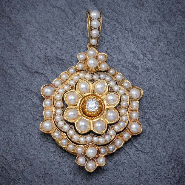 Antique Victorian Pearl Diamond Flower Pendant front