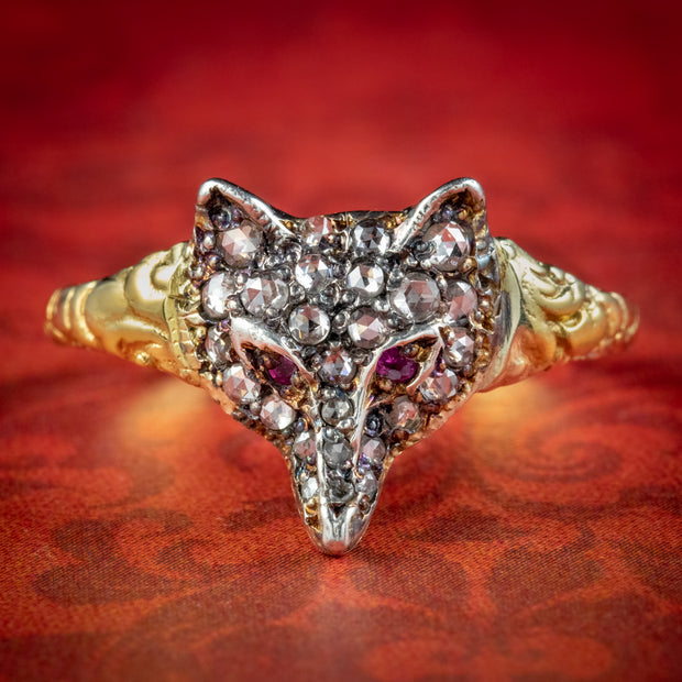 Victorian Style Diamond Fox Ring Ruby Eyes