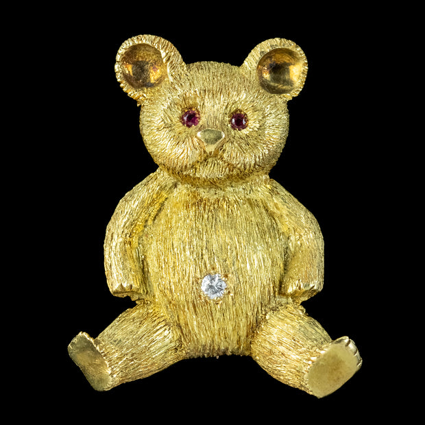Vintage Diamond Ruby Teddy Bear Brooch 18ct Gold