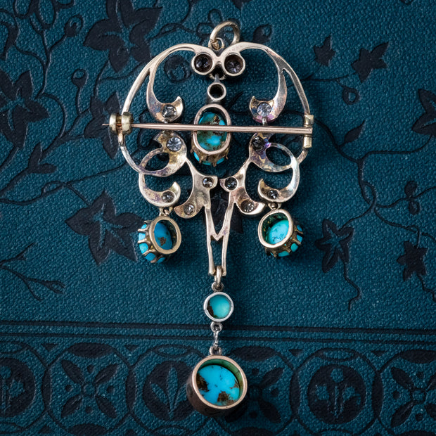 Antique Victorian Turquoise Diamond Pendant Brooch Silver 18ct Gold
