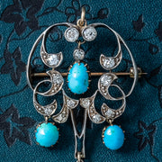 Antique Victorian Turquoise Diamond Pendant Brooch Silver 18ct Gold