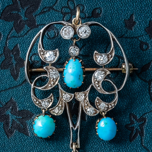 Antique Victorian Turquoise Diamond Pendant Brooch Silver 18ct Gold