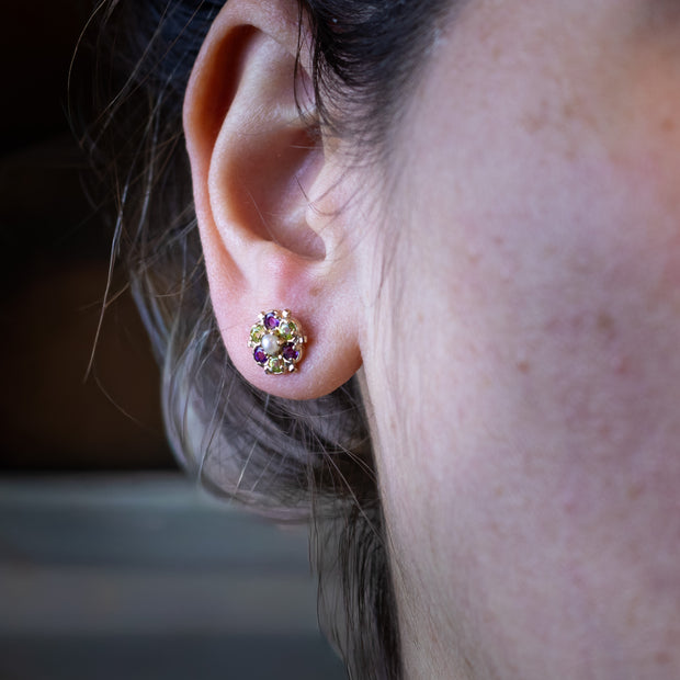 Edwardian Style Suffragette Stud Earrings Amethyst Peridot Diamond