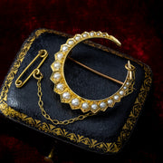 Antique Victorian Pearl Crescent Moon Brooch 18ct Gold