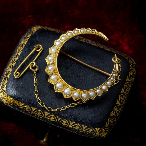 Antique Victorian Pearl Crescent Moon Brooch 18ct Gold