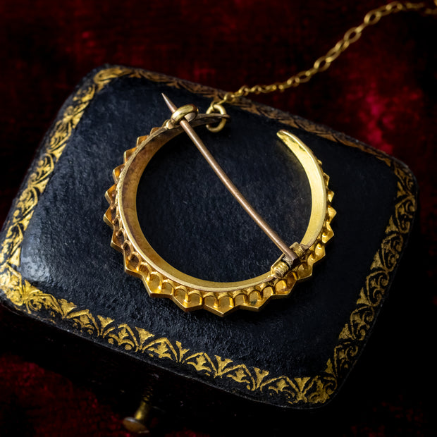 Antique Victorian Pearl Crescent Moon Brooch 18ct Gold