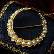 Antique Victorian Pearl Crescent Moon Brooch 18ct Gold