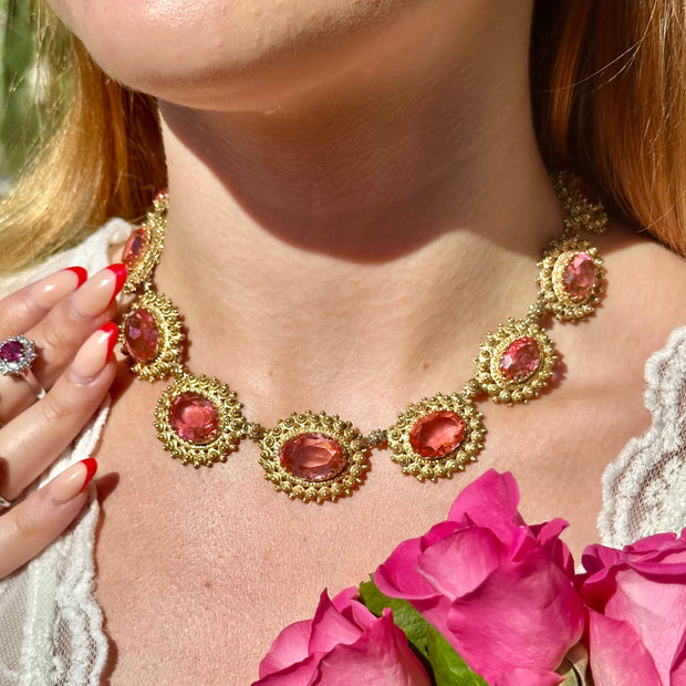 Antique Victorian Cannetille Pink Paste Collar Necklace Circa 1860