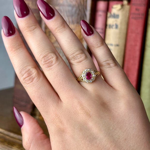 Antique Victorian Ruby Diamond Cluster Ring 0.60ct Burmese Ruby With Cert