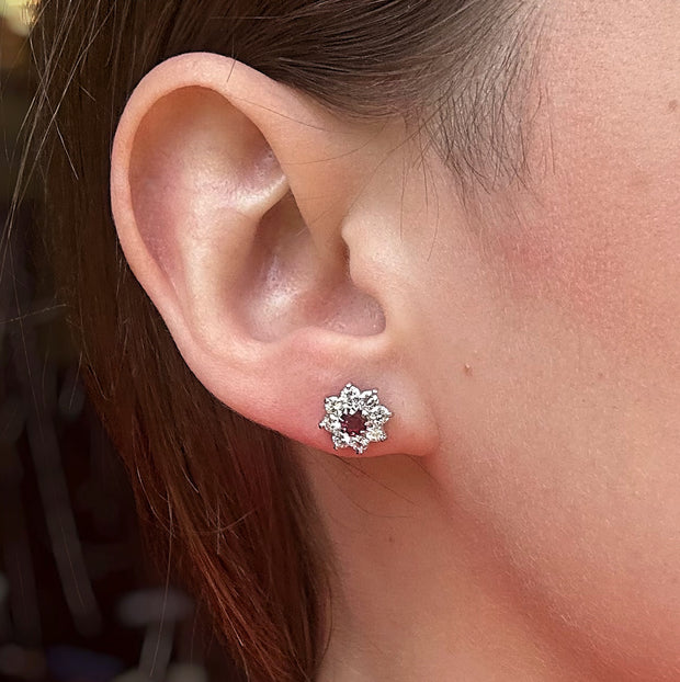 Edwardian Style Ruby Diamond Flower Stud Earrings 18ct Gold