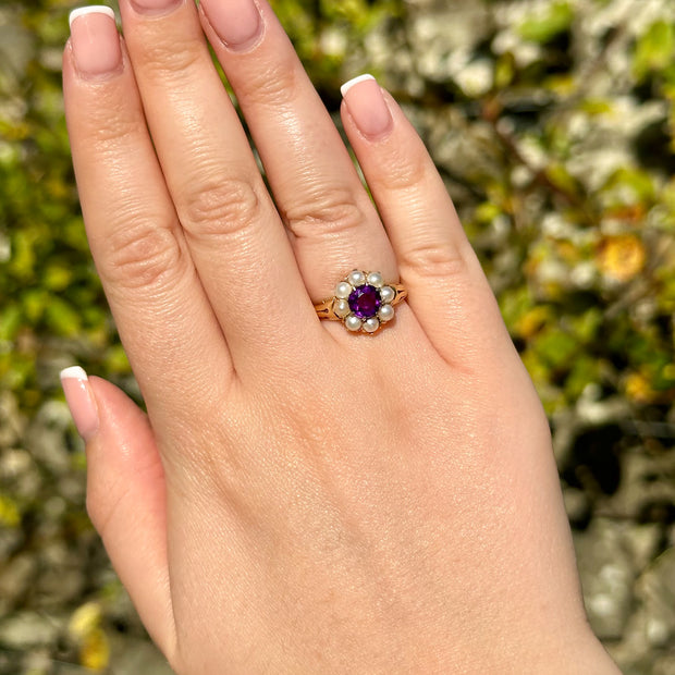 Antique Victorian Amethyst Pearl Cluster Ring 1.2ct Amethyst