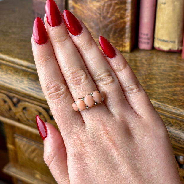 Antique Victorian Angel Skin Coral Diamond Five Stone Ring