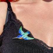 Antique Victorian Guilloche Enamel Kingfisher Brooch Silver