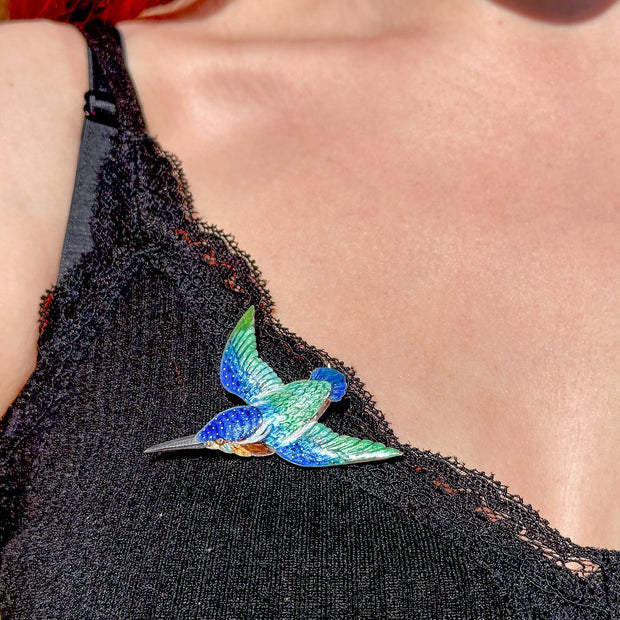 Antique Victorian Guilloche Enamel Kingfisher Brooch Silver