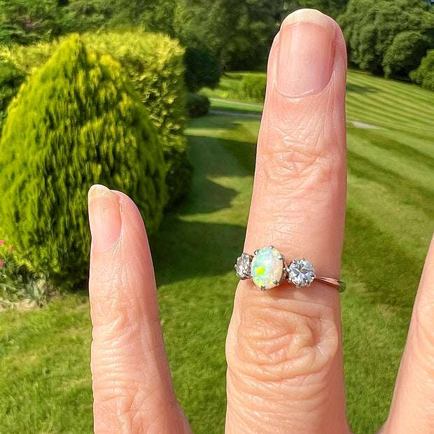 Antique Edwardian Opal Diamond Trilogy Ring 0.60ct Opal