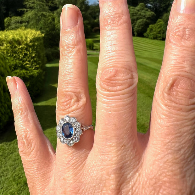 Edwardian Style Sapphire Diamond Daisy Cluster Ring 1.5ct Sapphire