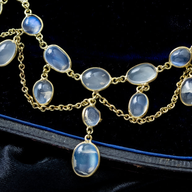 Antique Victorian Moonstone Dropper Necklace Silver 18ct Gold Gilt