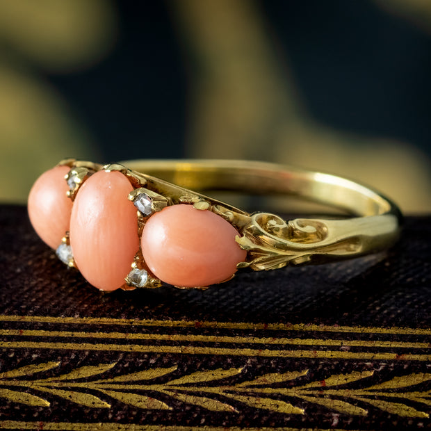 Antique Victorian Coral Diamond Trilogy Ring 