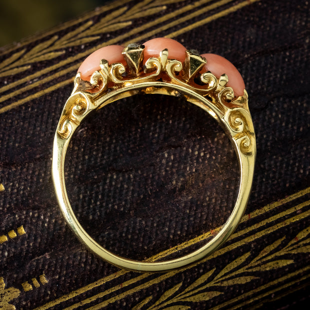 Antique Victorian Coral Diamond Trilogy Ring 