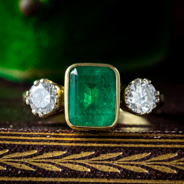 Vintage Emerald Diamond Trilogy Ring 2.2ct Emerald With Cert