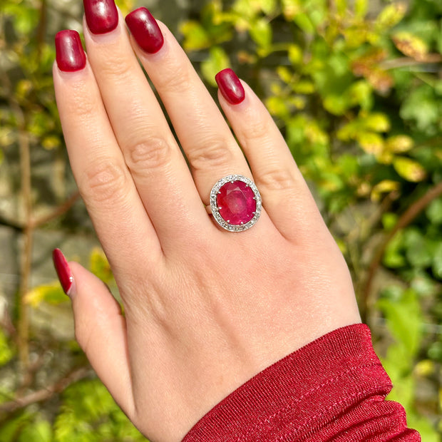 Vintage French Ruby Diamond Cluster Ring 9.2ct Burmese Ruby With Cert