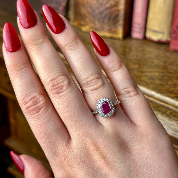 Antique Edwardian Ruby Diamond Cluster Ring 1ct Ruby