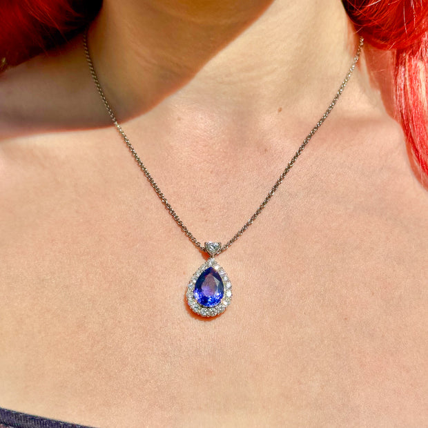 Edwardian Style Tanzanite Diamond Teardrop Pendant Necklace 8ct Tanzanite
