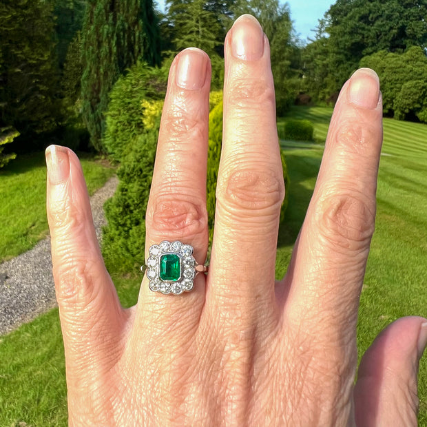 Edwardian Style Emerald Diamond Cluster Ring 1.10ct Emerald