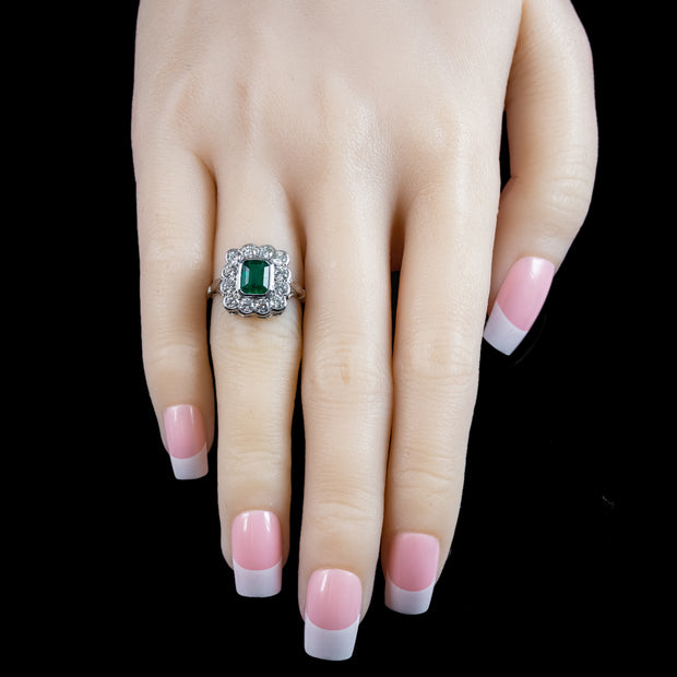 Edwardian Style Emerald Diamond Cluster Ring 1.10ct Emerald