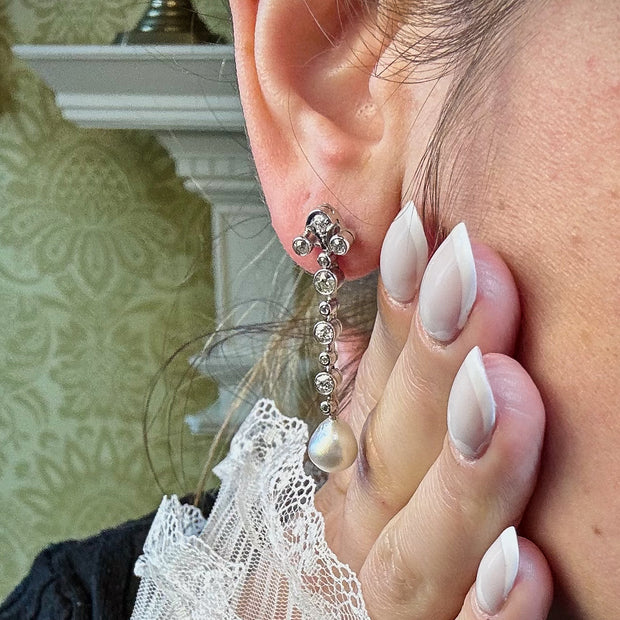Antique Edwardian Pearl Diamond Drop Earrings 18ct Gold 1.3ct Total