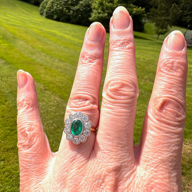 Edwardian Style Emerald Diamond Daisy Cluster Ring 1.10ct Emerald
