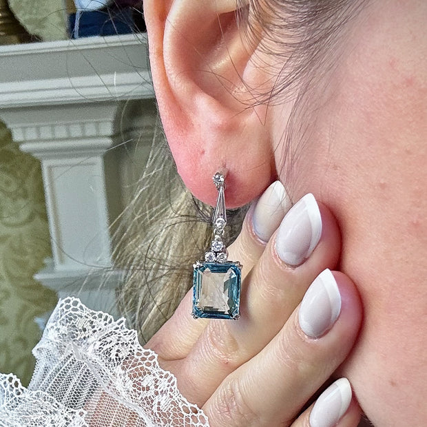 Art Deco Aquamarine Diamond Drop Earrings 18ct Gold 6.5ct Aquas