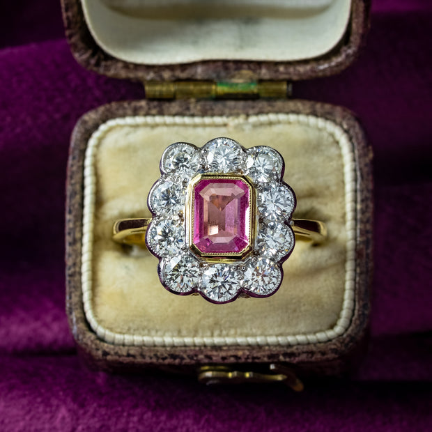 Art Deco Sapphire Diamond Cluster Ring 1.2ct Pink Sapphire