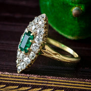 Antique Victorian Emerald Diamond Navette Cluster Ring 0.50ct Emerald 