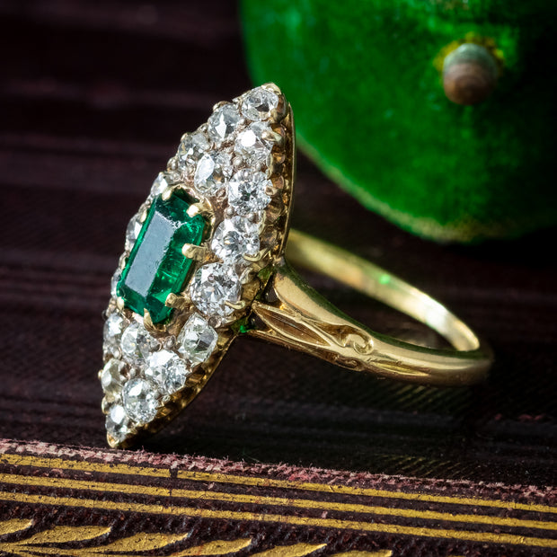 Antique Victorian Emerald Diamond Navette Cluster Ring 0.50ct Emerald 