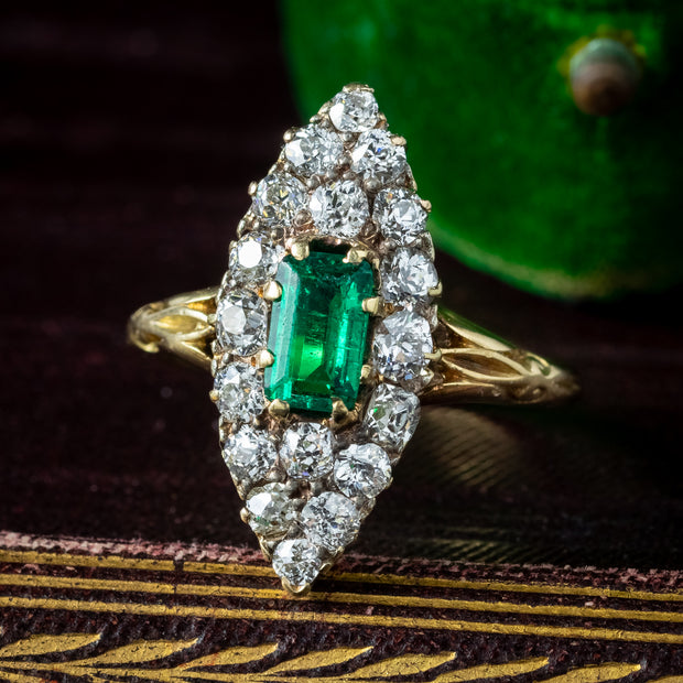 Antique Victorian Emerald Diamond Navette Cluster Ring 0.50ct Emerald 