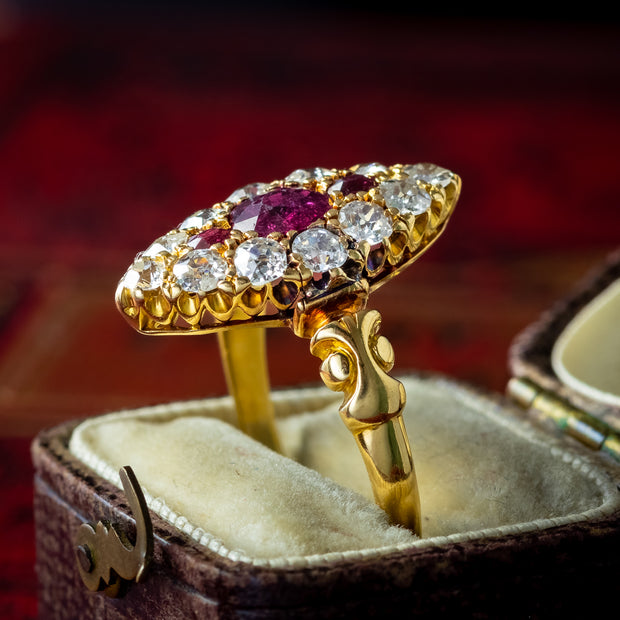 Antique Victorian Ruby Diamond Navette Cluster Ring 