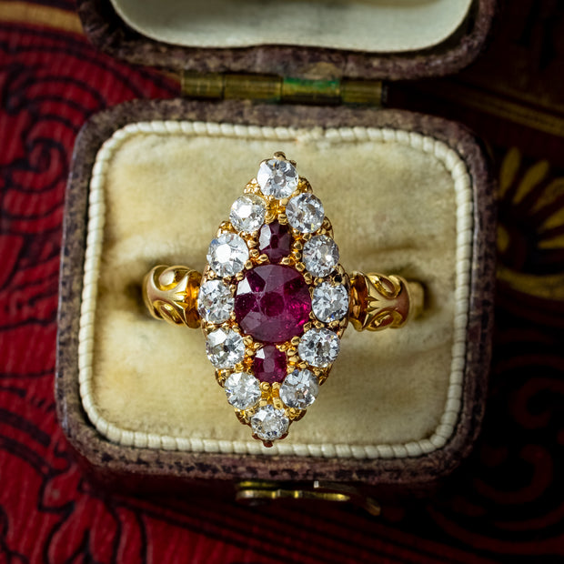 Antique Victorian Ruby Diamond Navette Cluster Ring 