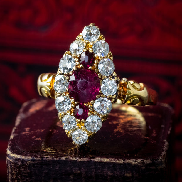 Antique Victorian Ruby Diamond Navette Cluster Ring 