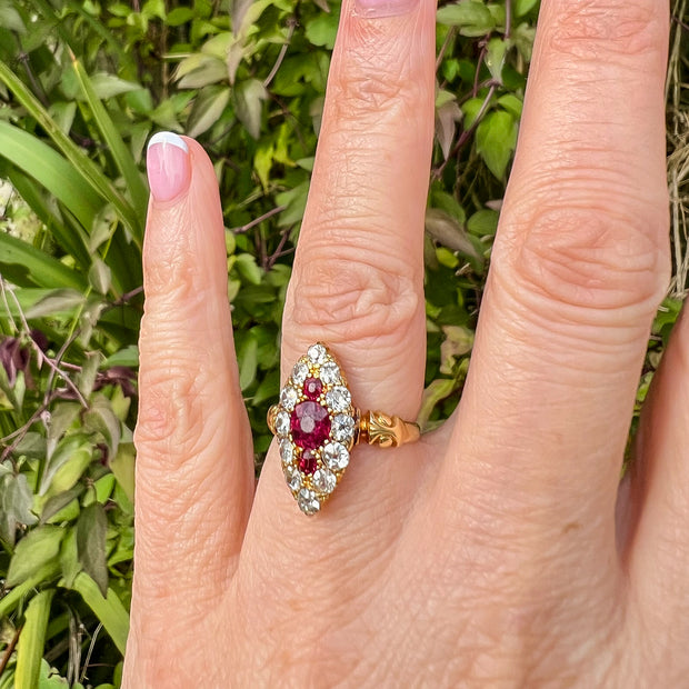Antique Victorian Ruby Diamond Navette Cluster Ring