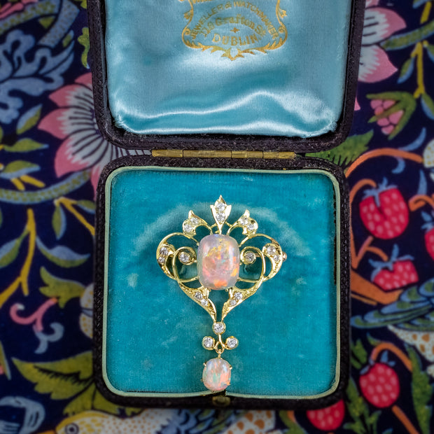 Antique Victorian Opal Diamond Brooch Pendant 15ct Gold With Box