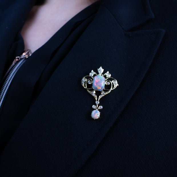 Antique Victorian Opal Diamond Brooch Pendant 15ct Gold With Box