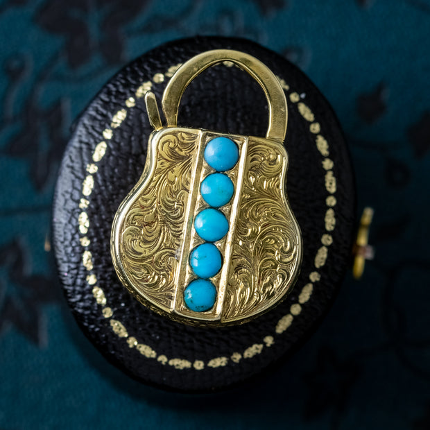 Antique Victorian Etruscan Turquoise Padlock Pendant 15ct Gold 