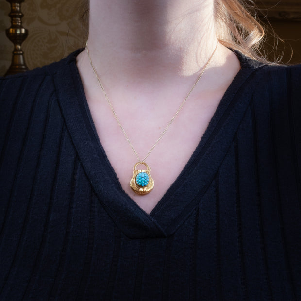 Antique Victorian Etruscan Turquoise Padlock Pendant 18ct Gold
